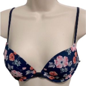 GILLY HICKS Floral Flowers Padded Push up Plunge Bra Navy Blue Pink Orange 34b